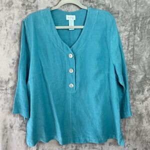 Mosaic Tunic Top Womens XL Blue Linen Quarter Button Popover Lagenlook LS Beachy